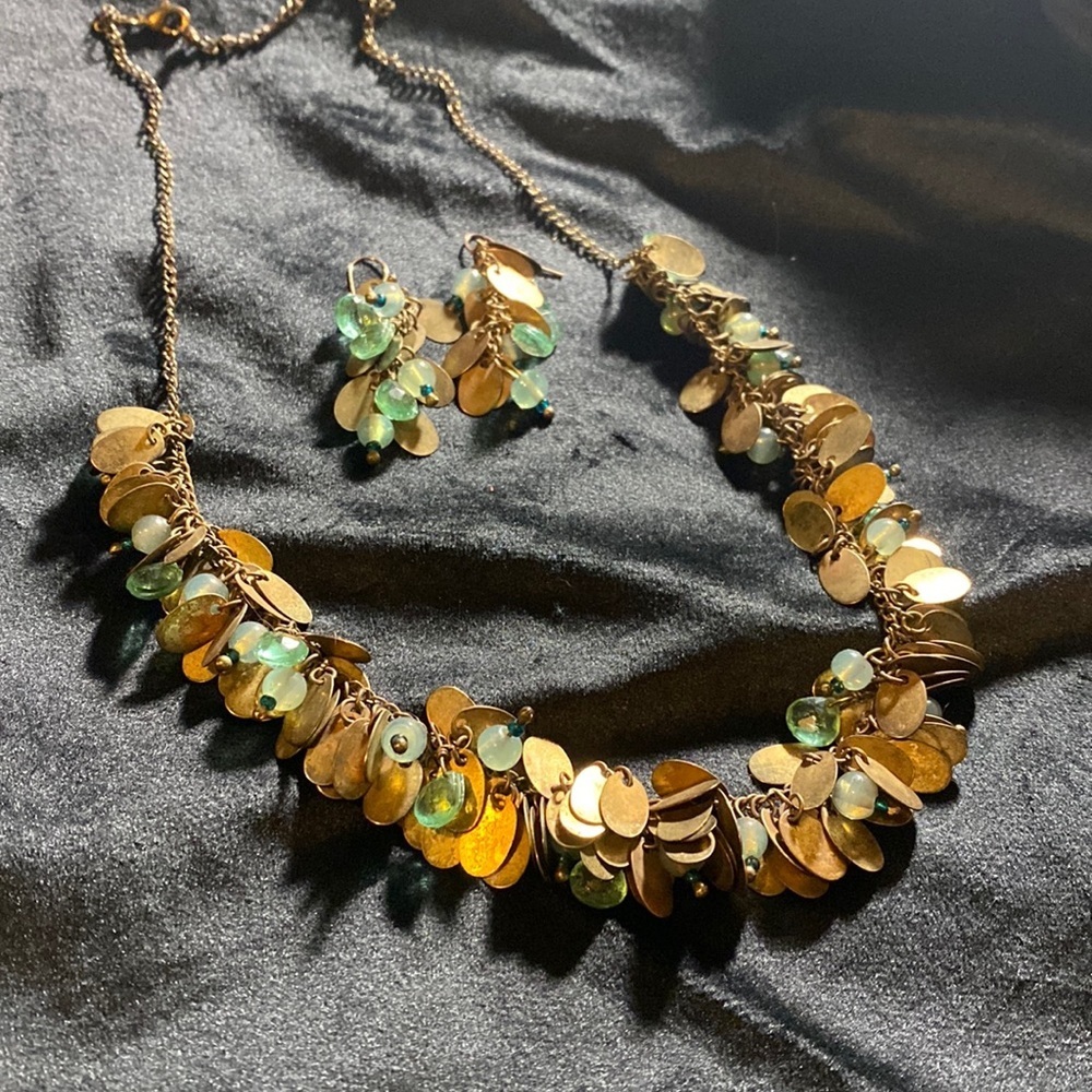 Rustic Vintage Gold and Green Necklace with Earrings